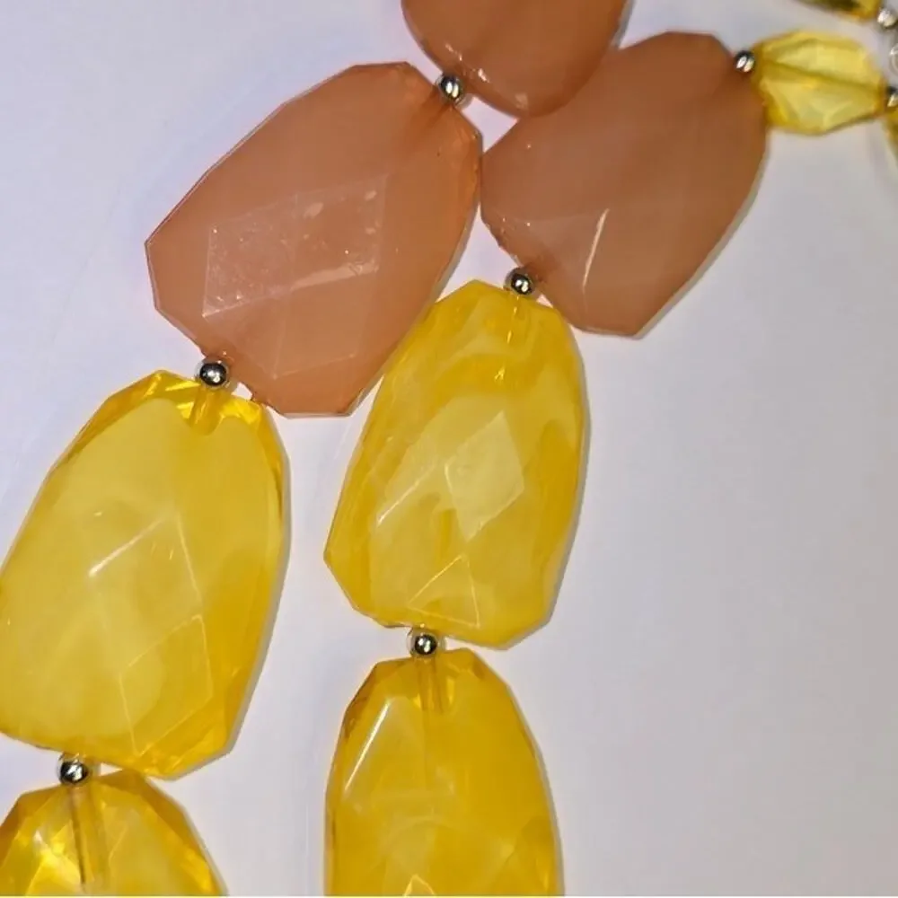 Treska Yellow Peach Chunky Faceted Bead Double Strand Statement Bib Necklace New